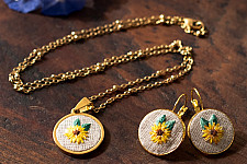 Needle Art ~ Hand Embroidered Jewelry - Sunflower Necklace Set 