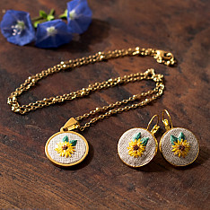 Needle Art ~ Hand Embroidered Jewelry - Sunflower Necklace Set 