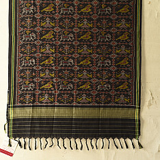 Rasika . रसिका ~ Handloom Patola Cotton Dupatta ~ Black ( Elephant & Parrot Motif )