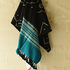 Winter's Call ❁ Tie & Dyed | Kutchi Bhujodi Weaving - Bandhani ( Tie-dyed ) Woolen Shawl - Black & Blue