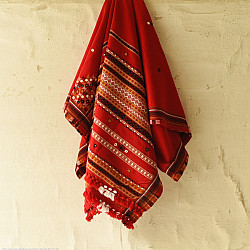 Winter's Call ❁ Kutchi Embroidered Mirror Work & Bhujodi Woven Woolen Shawl - Red
