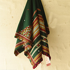 Winter's Call ❁ Kutchi Embroidered Mirror Work & Bhujodi Woven Woolen Green Shawl