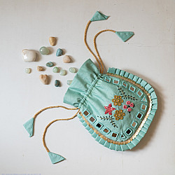 A pocket full of joy | Embroidered Potli Purse With Detachable Belt - Light Blue