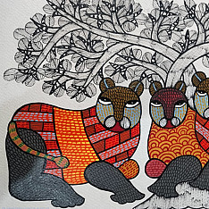 Nandan . नंदन ✦ Handcrafted ~ Gond Painting ( 12" x 16" ) - Wild Cats