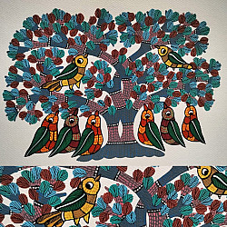 Nandan . नंदन ✦ Handcrafted ~ Gond Painting ( 12" x 16" ) - Group of Birds 