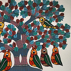Nandan . नंदन ✦ Handcrafted ~ Gond Painting ( 12" x 16" ) - Group of Birds 