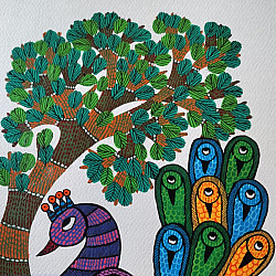 Nandan . नंदन ✦ Handcrafted ~ Gond Painting ( 12" x 16" ) - Peacock 