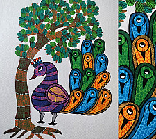 Nandan . नंदन ✦ Handcrafted ~ Gond Painting ( 12" x 16" ) - Peacock 
