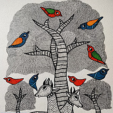 Nandan . नंदन ✦ Handcrafted ~ Gond Painting ( 12" x 16" ) - Black & White Deer