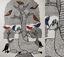 Nandan . नंदन ✦ Handcrafted ~ Gond Painting ( 12" x 16" ) - Black & White Deer