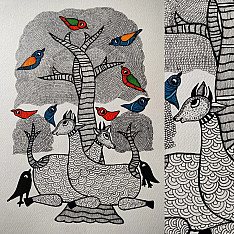 Nandan . नंदन ✦ Handcrafted ~ Gond Painting ( 12" x 16" ) - Black & White Deer