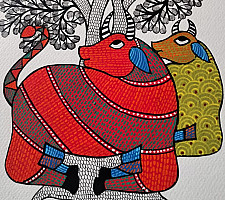 Nandan . नंदन ✦ Handcrafted ~ Gond Painting ( 12" x 16" ) - Cow Under The Tree