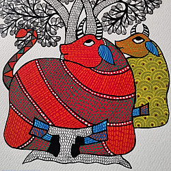 Nandan . नंदन ✦ Handcrafted ~ Gond Painting ( 12" x 16" ) - Cow Under The Tree