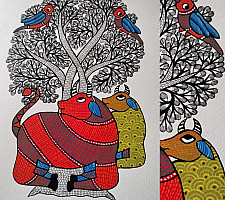 Nandan . नंदन ✦ Handcrafted ~ Gond Painting ( 12" x 16" ) - Cow Under The Tree