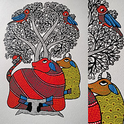 Nandan . नंदन ✦ Handcrafted ~ Gond Painting ( 12" x 16" ) - Cow Under The Tree