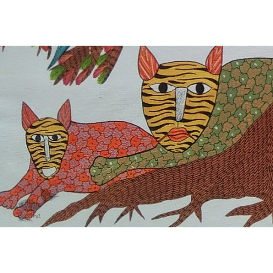 hand painted canvas gond painting - tiger & tree