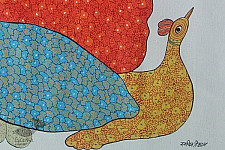 Nandan . नंदन | Canvas Gond Painting - Peahen ( 2' x 3' )