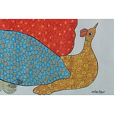 Nandan . नंदन | Canvas Gond Painting - Peahen ( 2' x 3' )
