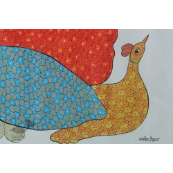 Nandan . नंदन | Canvas Gond Painting - Peahen ( 2' x 3' )