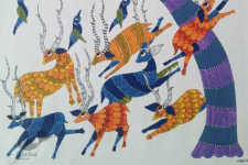 Nandan . नंदन | Canvas Gond Painting - Running Deers ( 2' x 3' )