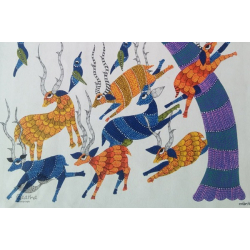 Nandan . नंदन | Canvas Gond Painting - Running Deers ( 2' x 3' )