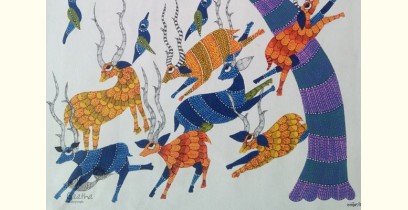Nandan . नंदन | Canvas Gond Painting - Running Deers ( 2' x 3' )