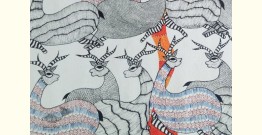 Nandan . नंदन | Canvas Gond Painting - Deers & Tree ( 2' x 3' )