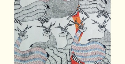 Nandan . नंदन | Canvas Gond Painting - Deers & Tree ( 2' x 3' )