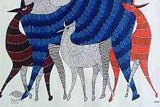 Nandan . नंदन | Canvas Gond Painting - Deer Family ( 2' x 3' )