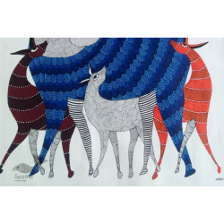 Nandan . नंदन | Canvas Gond Painting - Deer Family ( 2' x 3' )