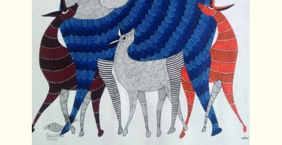 Nandan . नंदन | Canvas Gond Painting - Deer Family ( 2' x 3' )