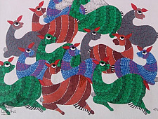 Nandan . नंदन | Canvas Gond Painting - Birds on Tree ( 2' x 3' ) 