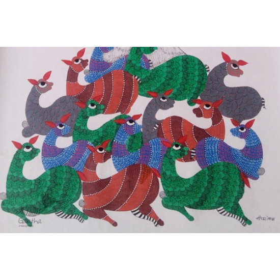 hand painted gond painting of singing birds on tree