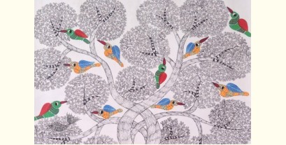 Nandan . नंदन | Canvas Gond Painting - Birds on Tree ( 2' x 3' ) 