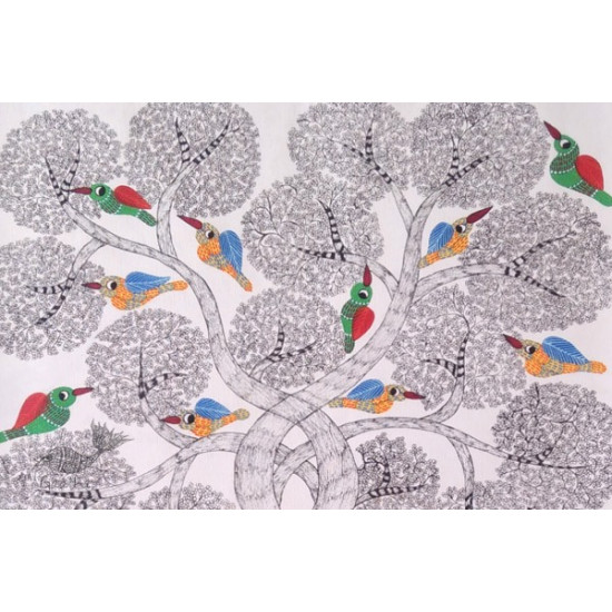 hand painted gond painting of singing birds on tree