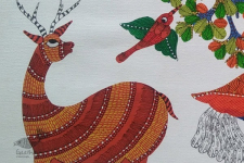 Nandan . नंदन | Canvas Gond Painting - Peacock & Deer ( 2' x 3' )