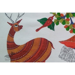 Nandan . नंदन | Canvas Gond Painting - Peacock & Deer ( 2' x 3' )