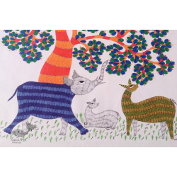 Nandan . नंदन | Canvas Gond Painting - Elephant & Tree ( 2' x 3' )