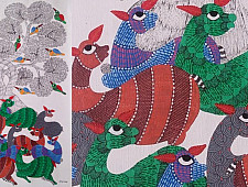 Nandan . नंदन | Canvas Gond Painting - Birds on Tree ( 2' x 3' ) 