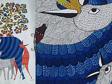 Nandan . नंदन | Canvas Gond Painting - Deer Family ( 2' x 3' )