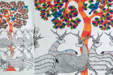 Nandan . नंदन | Canvas Gond Painting - Deers & Tree ( 2' x 3' )