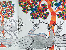 Nandan . नंदन | Canvas Gond Painting - Deers & Tree ( 2' x 3' )