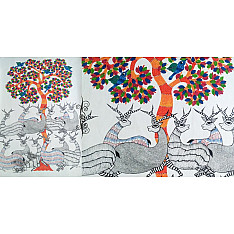 Nandan . नंदन | Canvas Gond Painting - Deers & Tree ( 2' x 3' )