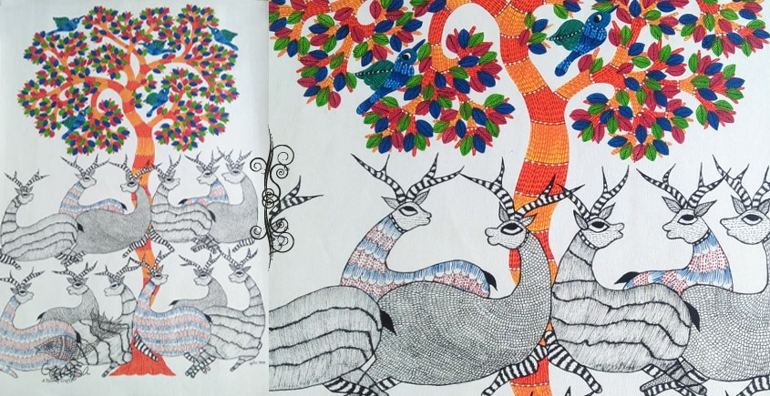 Shop online hand painted gond painting - deers & Trees