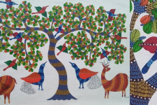 Nandan . नंदन | Canvas Gond Painting - Peacock & Deer ( 2' x 3' )