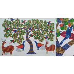 Nandan . नंदन | Canvas Gond Painting - Peacock & Deer ( 2' x 3' )