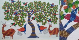 Nandan . नंदन | Canvas Gond Painting - Peacock & Deer ( 2' x 3' )