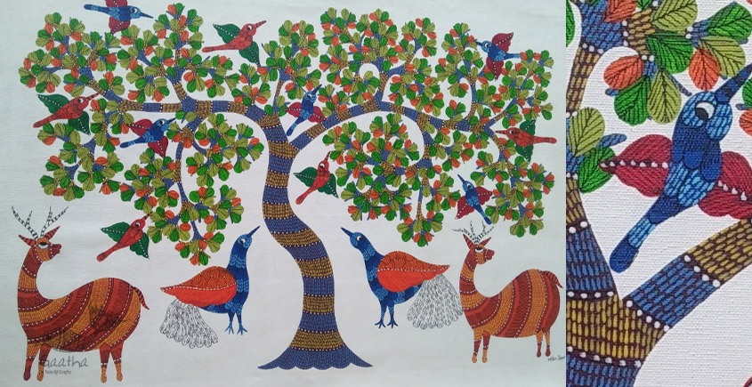 gond painting of peacock and deer