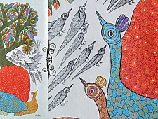 Nandan . नंदन | Canvas Gond Painting - Peahen ( 2' x 3' )