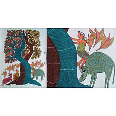 Nandan . नंदन | Canvas Gond Painting - Playing Kids ( 2' x 3' ) 
